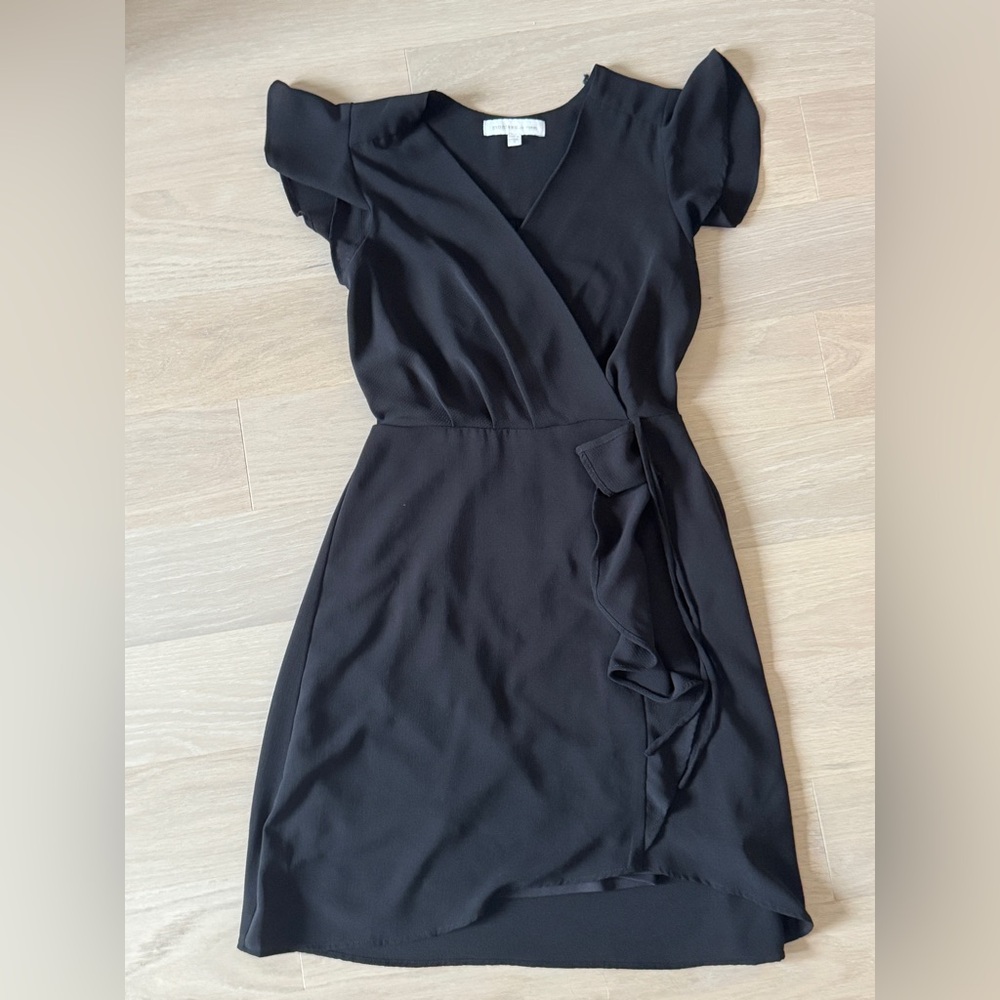 Black Mini Crepe Wrap Dress with tie bow detail and ruffle